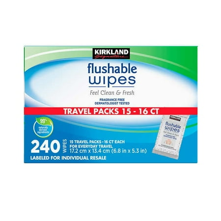 Kirkland Flushable Wipes Fragrance Free Travel Pack 15 Individual Pack ( Each Pack 16 CT) Total 240