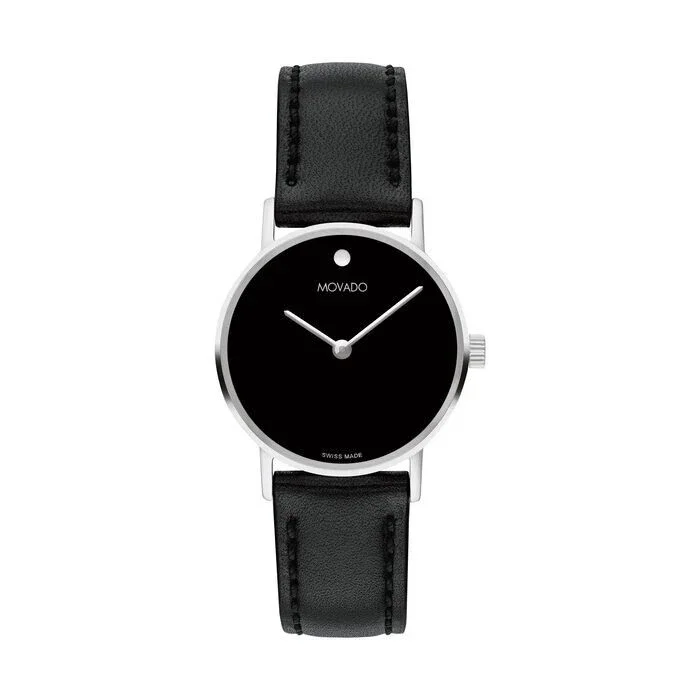 Movado Signature Silver Black 0607598 Leather Strap Stainless Case Womens Watch