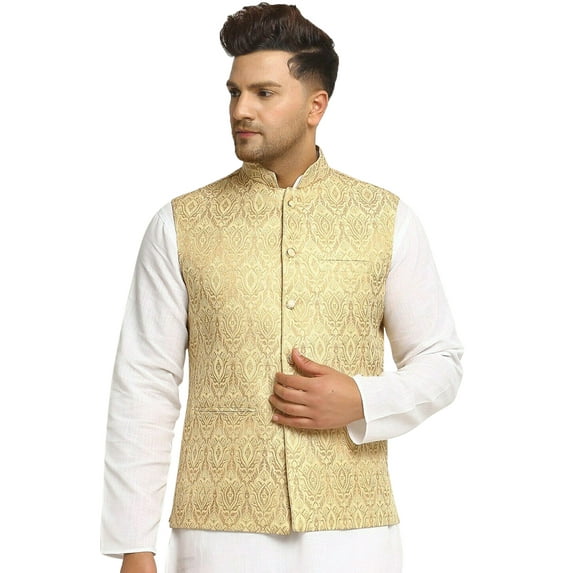 Men Designers Gold 3 Indian Traditional Bollywood Style Nehru Jacket Brocade Woven Embellishe, Size: 44