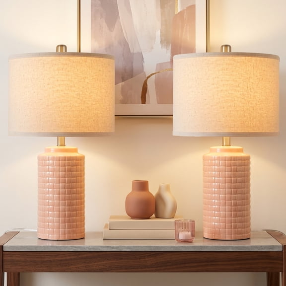 23in Pink Ceramic Table Lamp Set of 2, Table Lamps Rustic Bedside Nightstand for Living Room