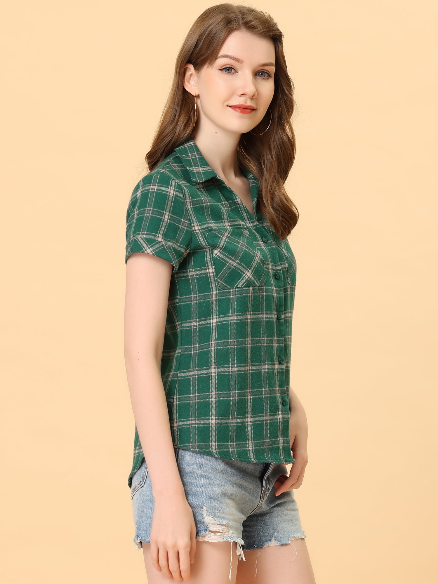DARING DIVA Women's Casual Boyfriend Plaid Button Down Flannel Shirt L Green Beige