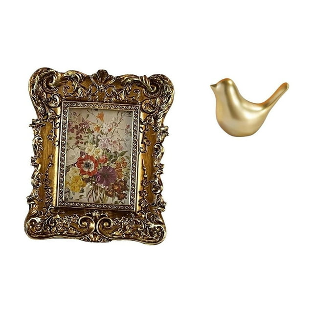 Marco de fotos floral tallado a mano con figura de pájaros dorados. Estatua antigua para fotos, ideal para la oficina, dormitorio, hogar, bodas o inau