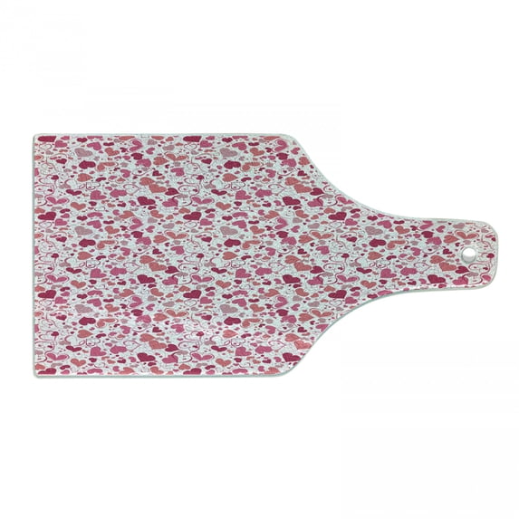 Love Cutting Board, Abstract Sentimental Composition with Big Little Hearts in Pink Colors Curly Soft, Decorative Tempered Glass Cutting and Serving Board, Wine Bottle Shape, Multicolor, by Ambesonne