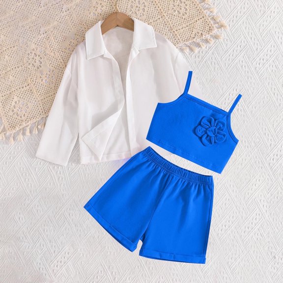Girls 3 Piece Sets Cute Sleeveless Tank Tops Wide Leg Shorts and Long Sleeve Shirts Outfits Toddlers Kids Casual Solid Going-Out Set 3-9Y