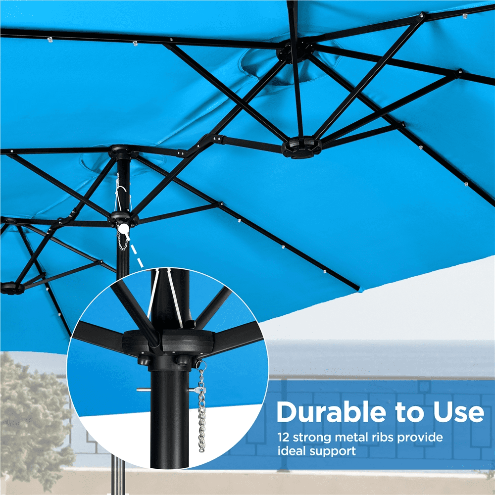 Renwick 15 ft Twin Patio Parasol Umbrella with Base & LED Lights, Sky Blue