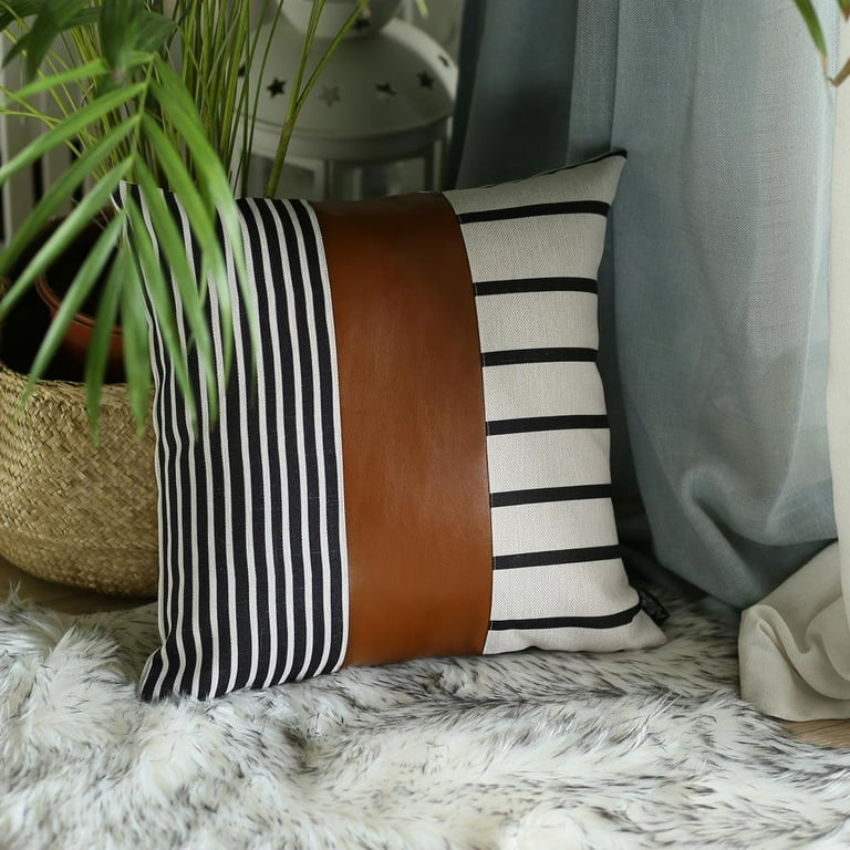 Faux Leather And Monochromatic Stripes Decorative Pillow Cover Faux Leather And Monochromatic Stripes Decorative Pillow Cover