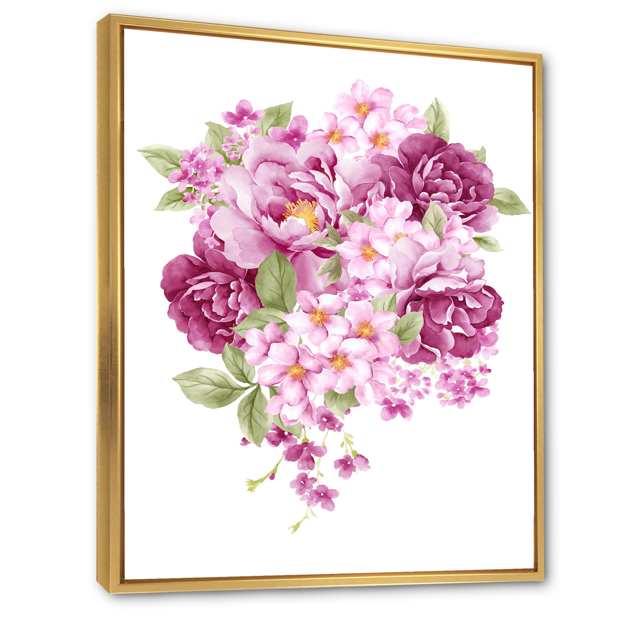 Designart 'Bouquet Of Pink Retro Flowers' Traditional Framed Canvas Wall Art Print