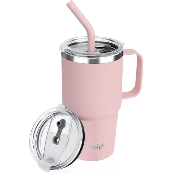 24 oz Insulated Cup with Handle, Double Wall Vacuum Stainless Steel Tumbler with Straw and 2 Lids, For Cold/Hot Drinks, Coffee Travel Mug for Car/Home/Office/Party/Camping (Pink-1 Pack)