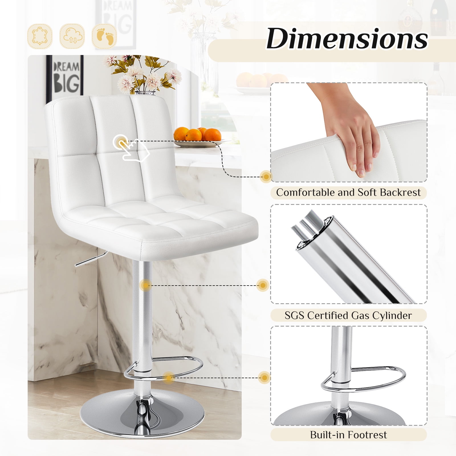 JIOABL Bar Stools Set of 2, Armless Adjustable Swivel Barstools, PU Leather Hydraulic Kitchen Counter Height Bar Stools, Thickened Seat Cushion Square Island Barstools with Back, White