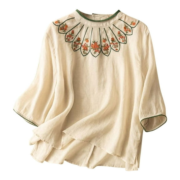 Womens Casual Crew Neck Top Linen Loose Fit Crew Neck 2026 Fashion Summer Tees 3/4 Sleeve Floral Print T Shirts