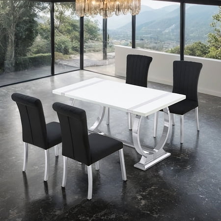 Contemporary Style 5pc Dining Table Set Wooden Table Top Channel Tufted Backrest O-Shaped Legs Stainless Steel Silver And Black Finish Dining Room Furniture