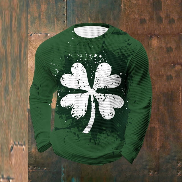Ceisia Men's St. Patrick's Day Splatter Shamrock Waffle Knit Top | Long Sleeve Crew Neck Casual Tee Gifts