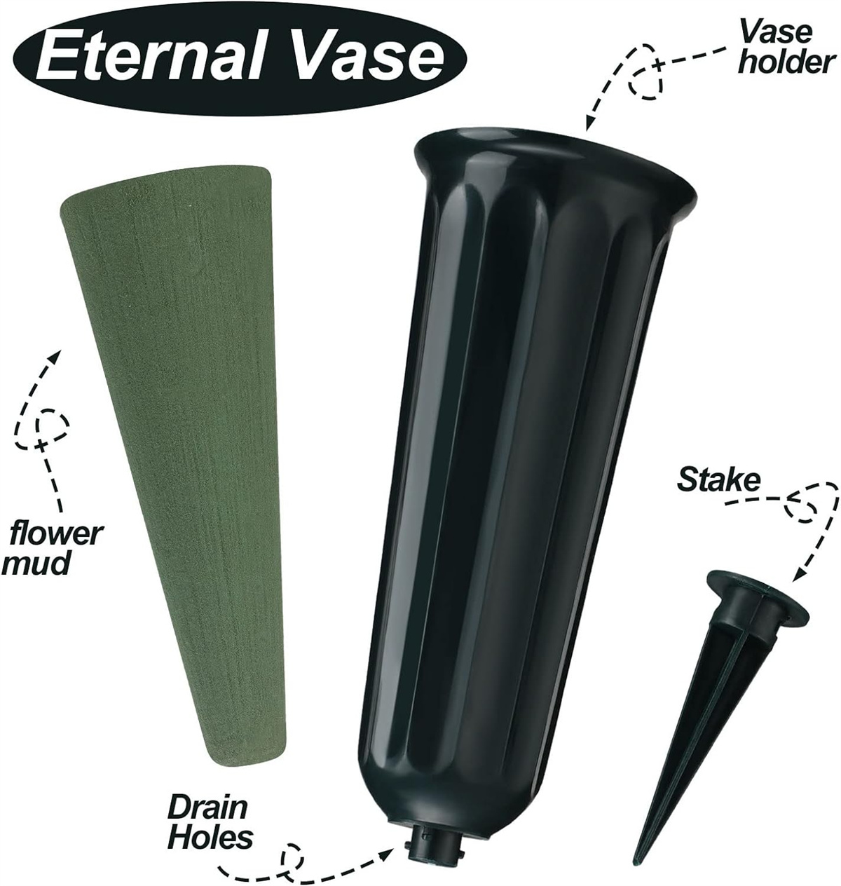 6 Pcs Cemetery Vases with Spikes and Foam,Memorial Cemetery Floral Holders with Stakes,Outdoor In Ground Vases with Stakes for Fresh and Artificial Flowers (Green)