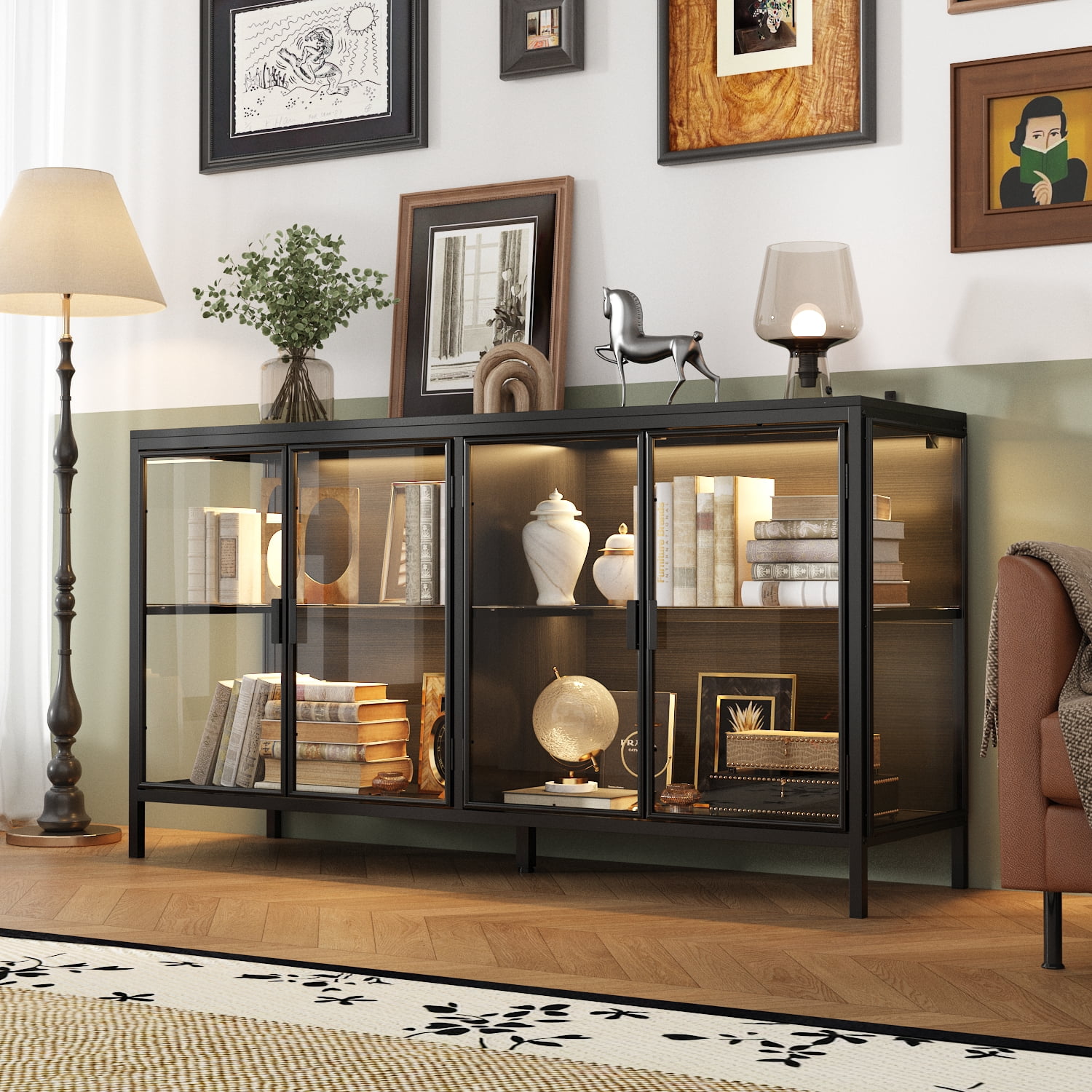 WIAWG Storage Cabinet with 3-Color LED Lights, Glass Shelves & 4 Compartments, Sideboard Buffet for Living Room Dining Room, Black