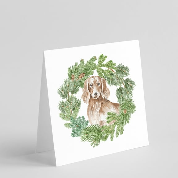Dachshund Red Longhaired with Christmas Wreath Square Greeting Cards and Envelopes Pack of 8 5 in x 5 in