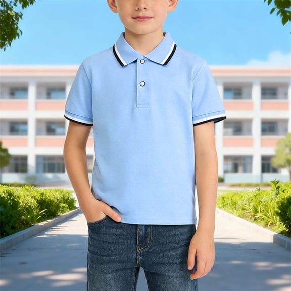 DAETIROS Boys Polo Shirt 100% Cotton Striped Trim Light Blue School Uniform Casual Short Sleeve for Little Boys Big Boys,Size 5-6 T