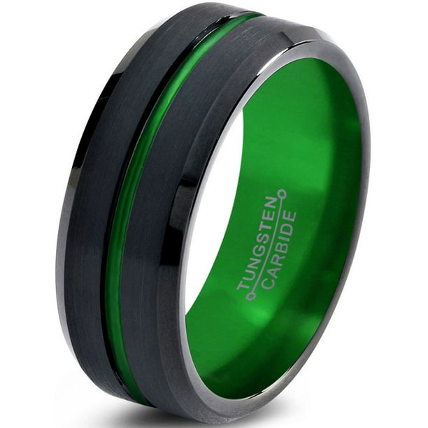 Tungsten Wedding Band Ring 10mm for Men Women Green Black Beveled Edge Brushed Polished Lifetime Guarantee