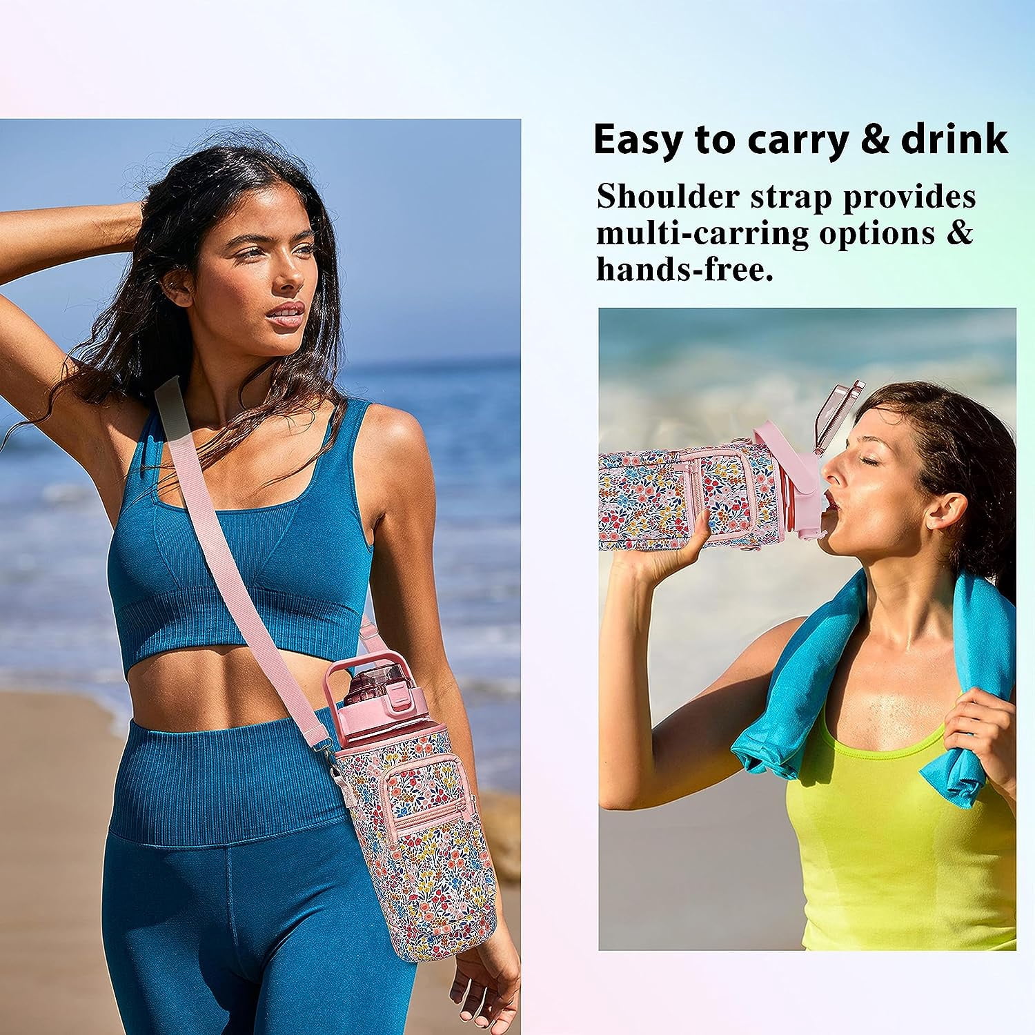 64 oz Water Bottle with Straw & Sleeve motivational BPA-free Half Gallon Water Bottle Holder with Strap Aesthetic Water Jugs for Drinking with Handle for Gym Women Men Flower