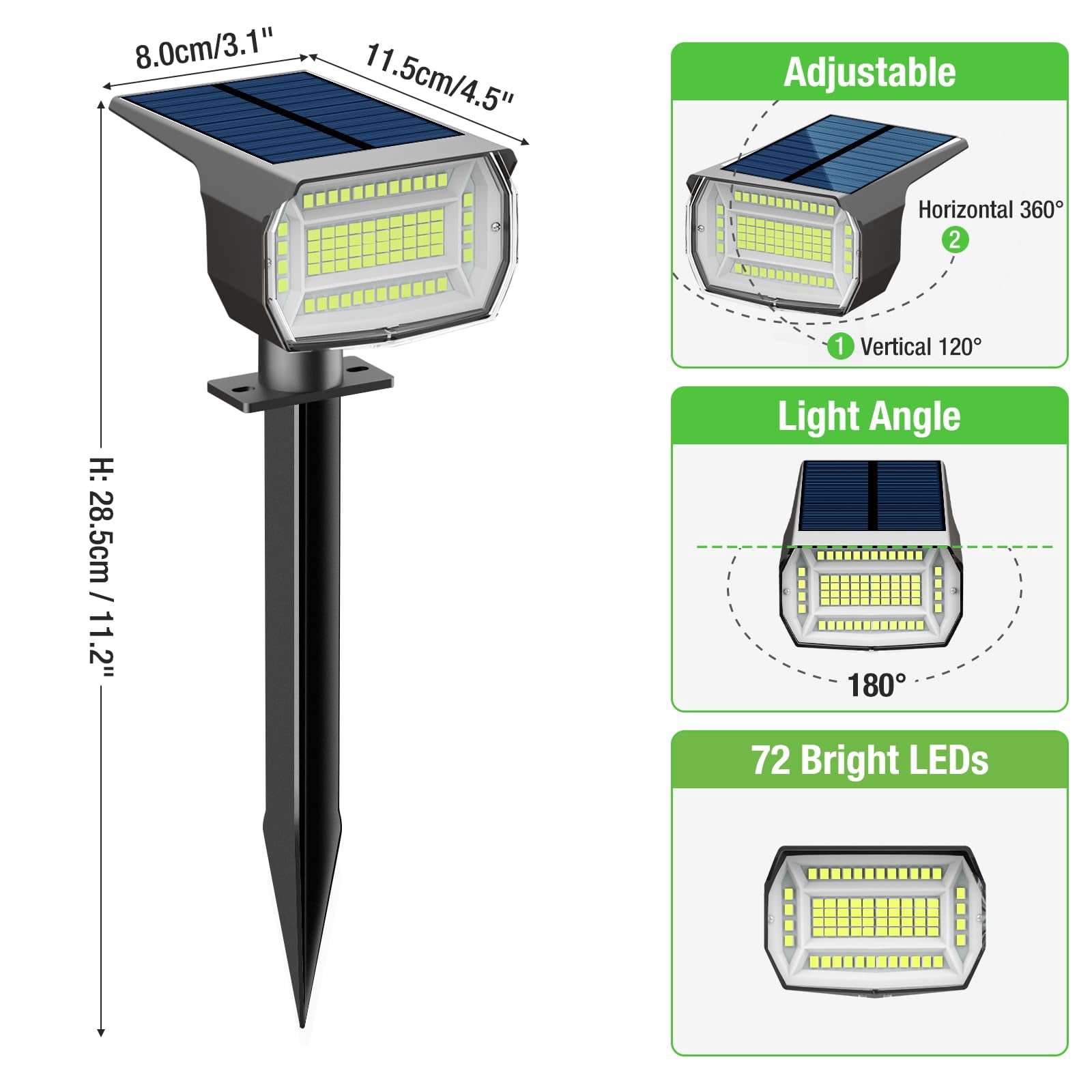 HOVMAP Landscape Lighting Solar Powered 72 LEDs 1500mAh Battery 3 Lighting Modes IP67 ABS Plastic 4 Pack for Yard Garden Deck, 4Pc Green light