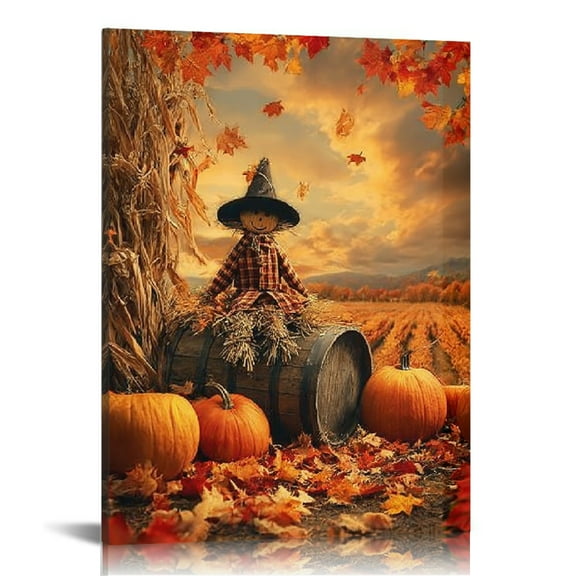 GooTPa Autumn Scarecrow Harvest Scene Canvas Wall Art, Canvas Prints Wall Art for Living Room Bathroom Bedroom Office, Art Print Painting for Home Decorations - 12x16in