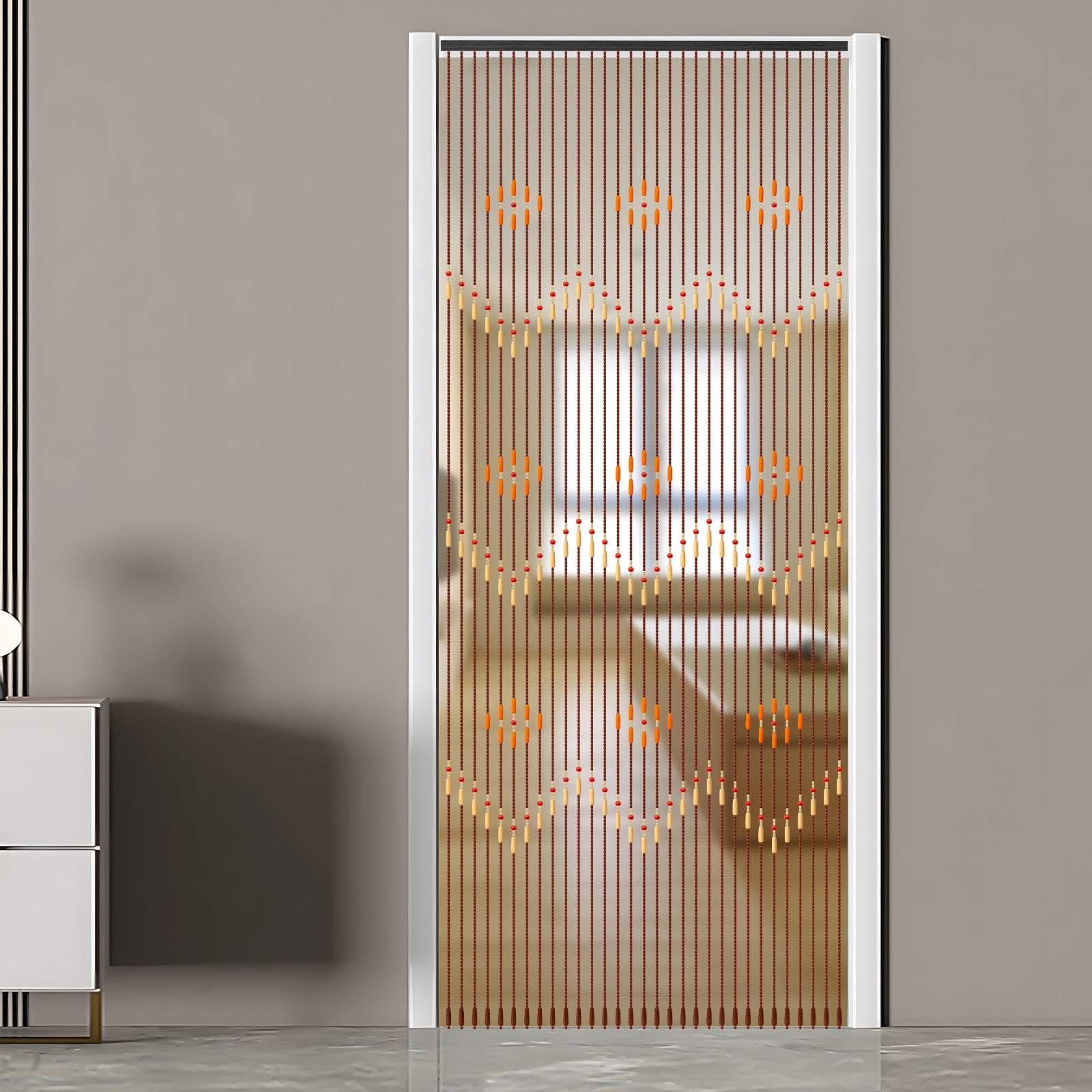 Bamboo Beaded Curtain, Brown Classical Style with Cotton Thread Construction, Floral Pattern Symbolizing Happiness and Peace