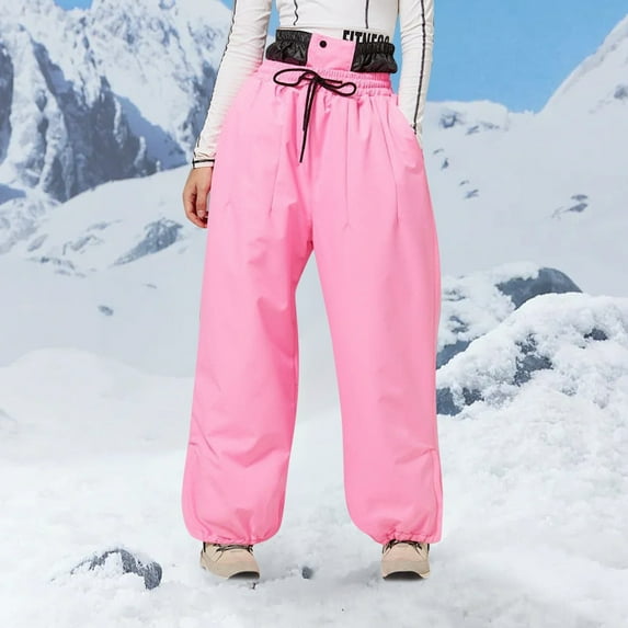 HUAXUN-Unisex Thermal Insulated Softshell baggy Ski Pants - Hiking Trekking Pants with Adjustable Drawstring for Men and Women,Snowboard Pants Snowboarding & Outdoor Winter Activities(Pink,XL)