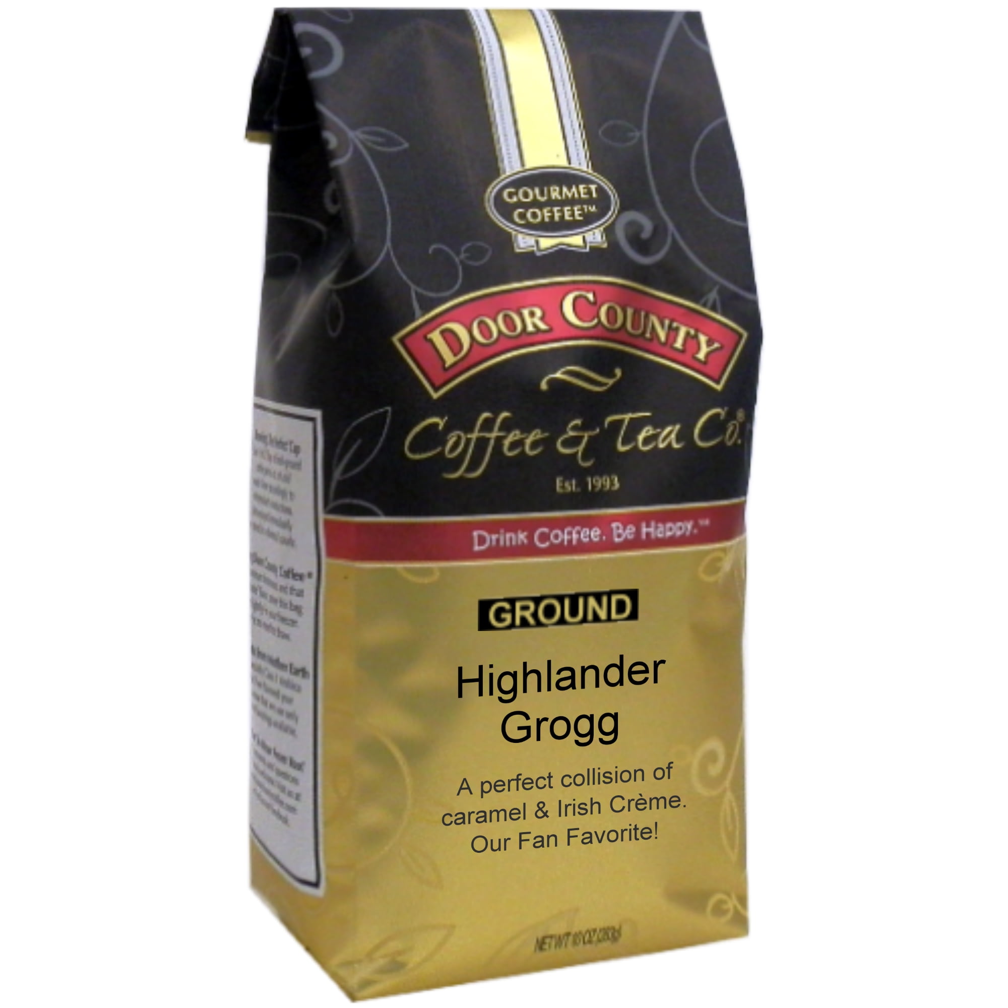 Door County Coffee Highlander Grogg, Irish Crème & Caramel Flavored Specialty Arabica Coffee, Medium Roast, Ground, 10oz Bag