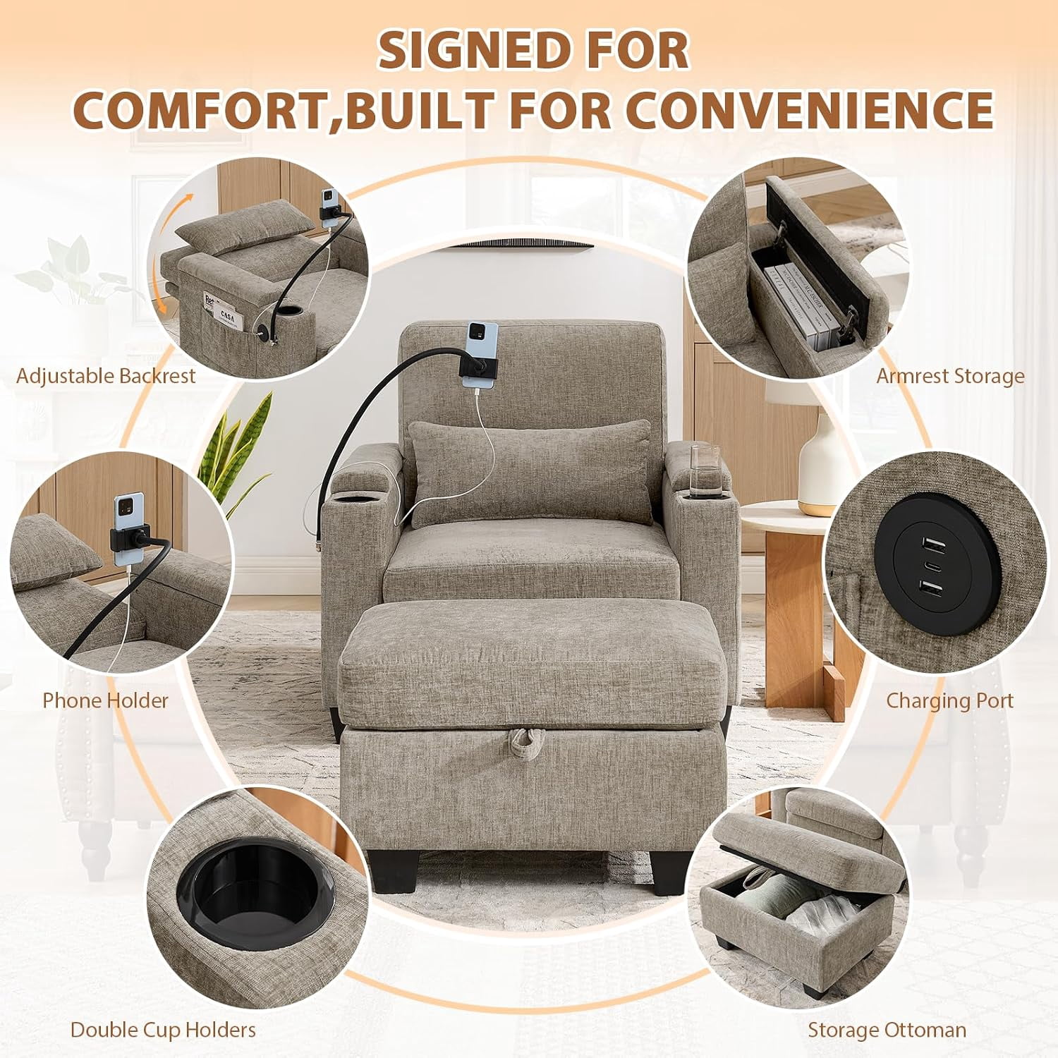 MOONMISS Oversized Chaise Lounge Chair Indoor, Single Convertible Recliner Reading Arm Sofa Chair W/Adjustable Backrest & Charging Port Couch Bed for Living Room, Home Theater & Bedroom,Brown