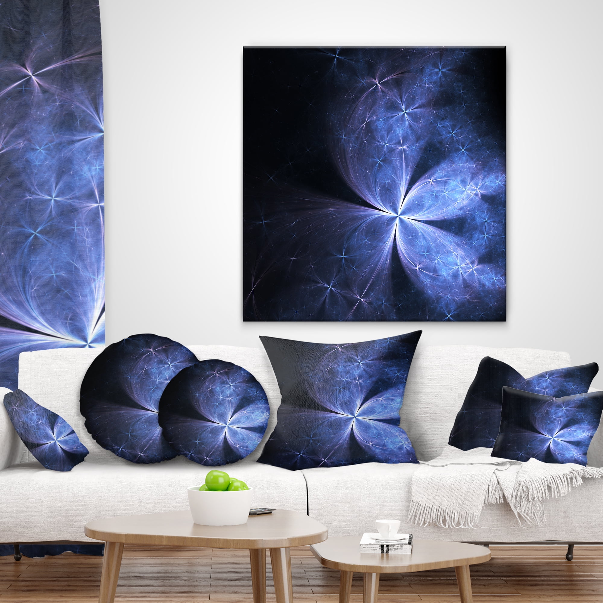 Designart Glittering Soft Blue Fractal Flower - Floral Throw Pillow - 12x20