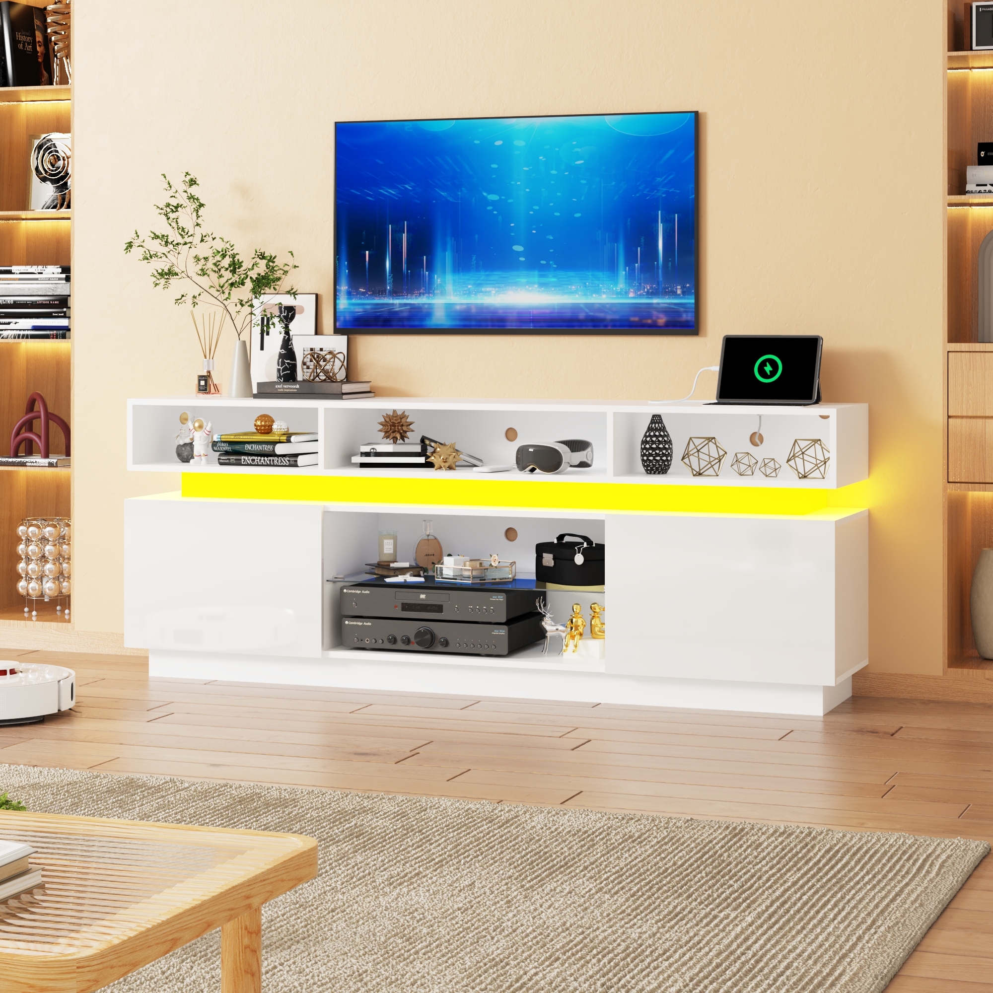 Chvans LED TV Stand for 80" TVs with Power Outlets, White photo 7
