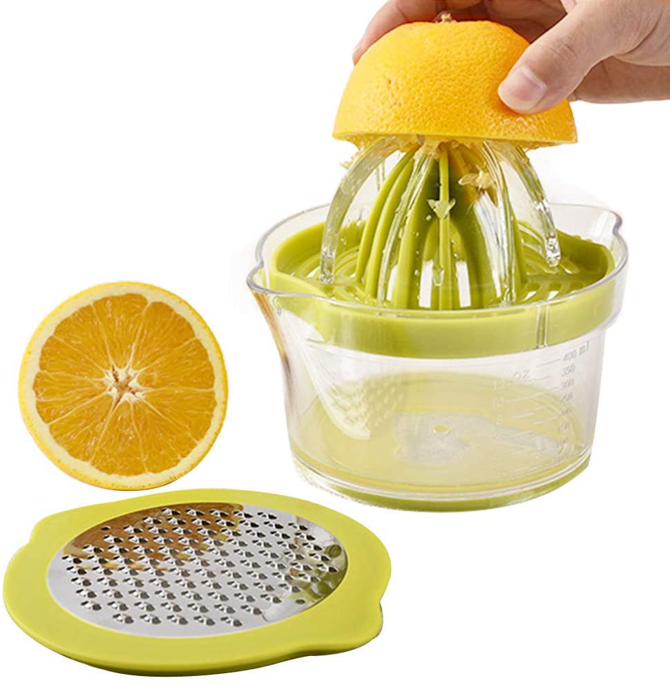 AINAAN Manual Citrus Juicer Lemon Orange Hand Squeezer Multi-Reamers Space Saving Kitchen Fruit Juicer with Built-In Measuring Cup Garlic Grater 