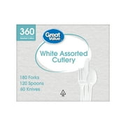 Great Value Disposable Plastic Cutlery Set, White, 360 Count includes 180F/120S/60K