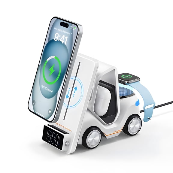 EcoNest 3in1 Forklift Wireless Charging Station With Clock Ambient Light Small Car Desktop Wireless Charger Forklift Fast Charging For Phone 15 Watch Headphones Charging Cell Phone Holder