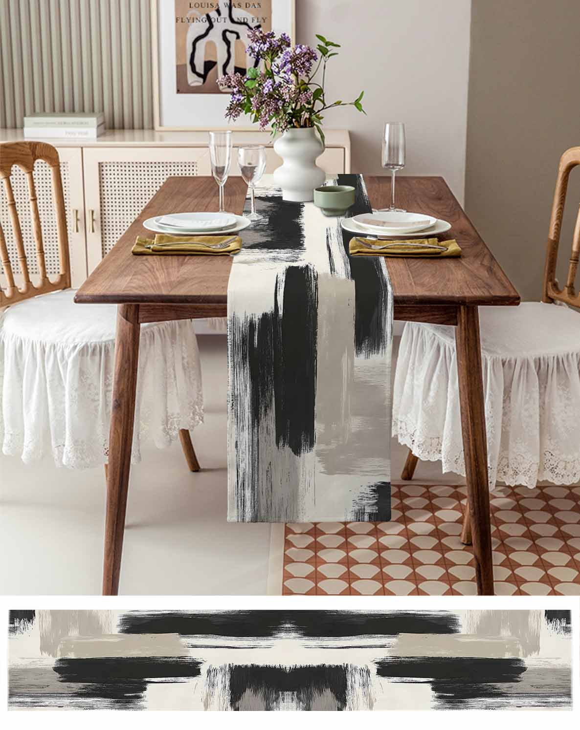 Hokiten Table Runners 108 Inches Long Dress Scarves, Black White Farmhouse Coffee/Dining/Kitchen Table Runner for Living Room, Modern Oil Painting Abstract Artwork 13x108 Inch