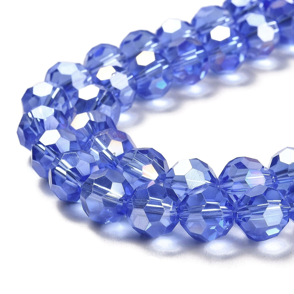 Transparent Glass Beads 32 Facets AB color Plated Round Cornflower Blue 10x8.5~9mm Hole: 1.6mm 67pcs/strand 23.62''(60cm)
