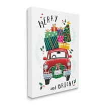 Stupell Industries Merry and Bright Sentiment Red Holly Farm Truck Transportation Painting Gallery Wrapped Canvas Print Wall Art, 16 x 20