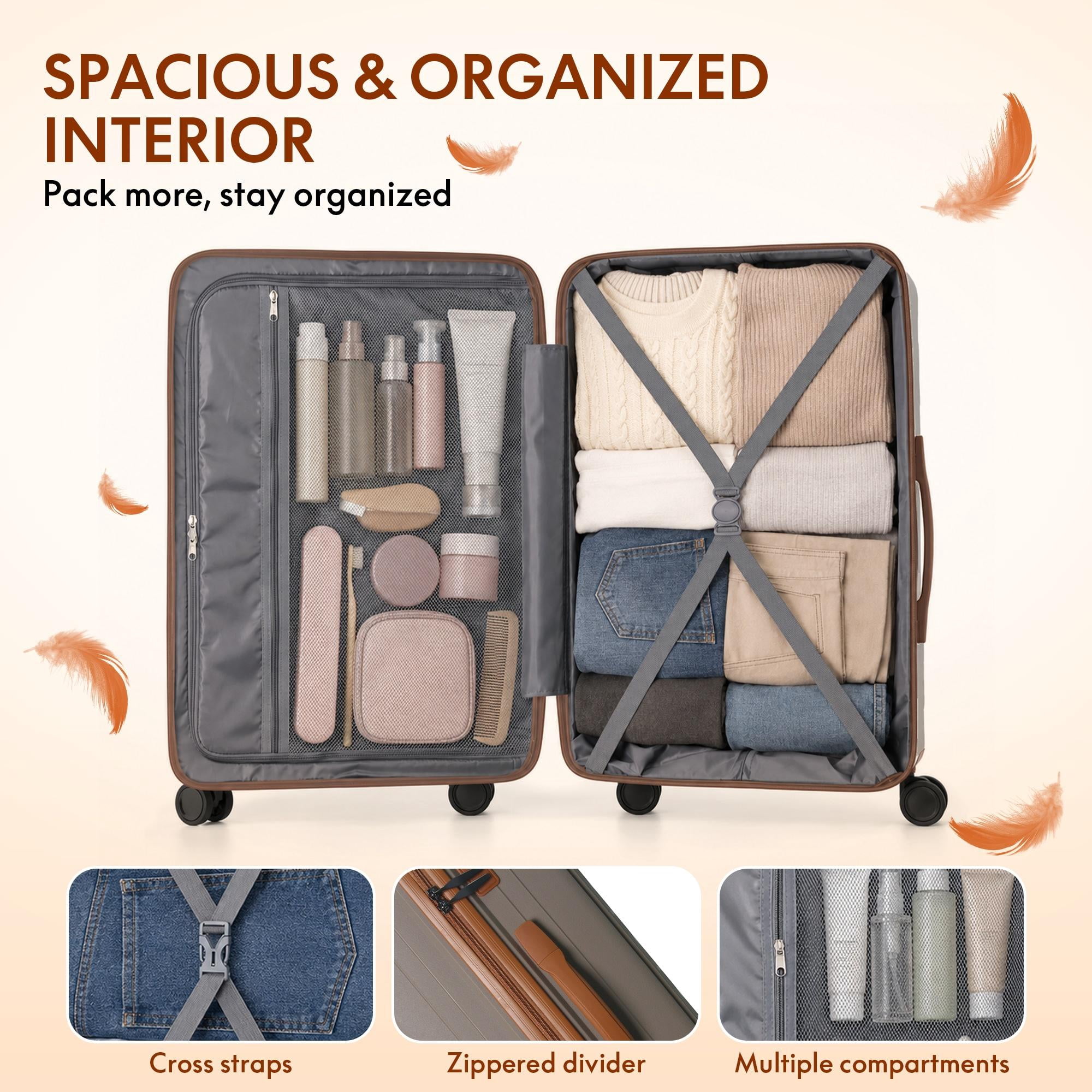 3-Piece PP Hardshell Luggage Set, Lightweight Scratch-Resistant Suitcases with Silent Spinner Wheels & TSA Lock, Coffee Brown