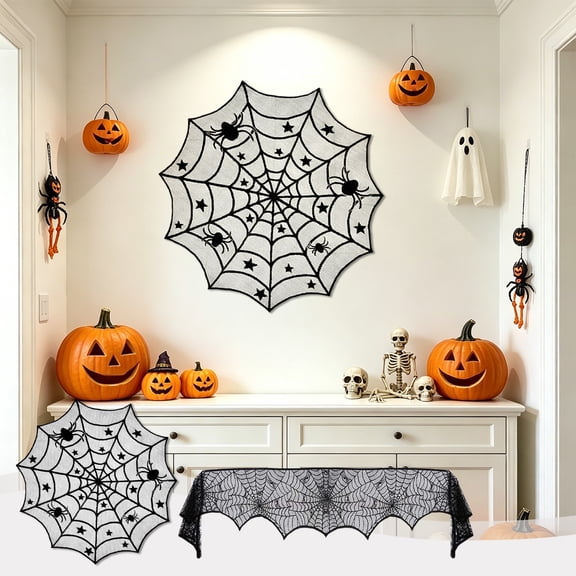 UALSRZL Halloween Decorations Lace Cloth, 96x18 Halloween Spider Web Table Runner, Black Lace Table Runner for Halloween Party Dinner Table Wall Decor