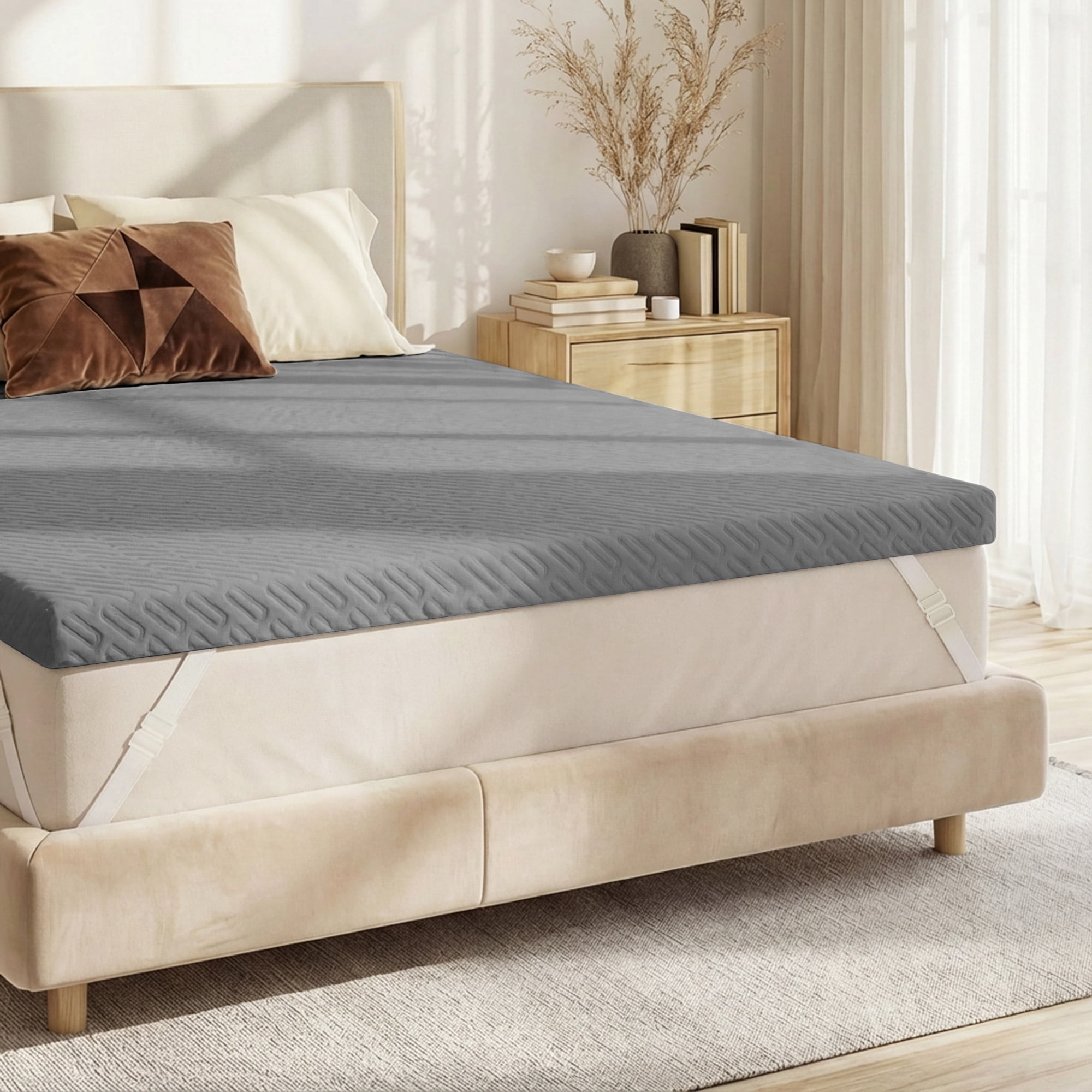 Poshby Full Size 3 inch Gel Memory Foam Mattress Topper with Removable Fitted Cover for Back Pain,Gray