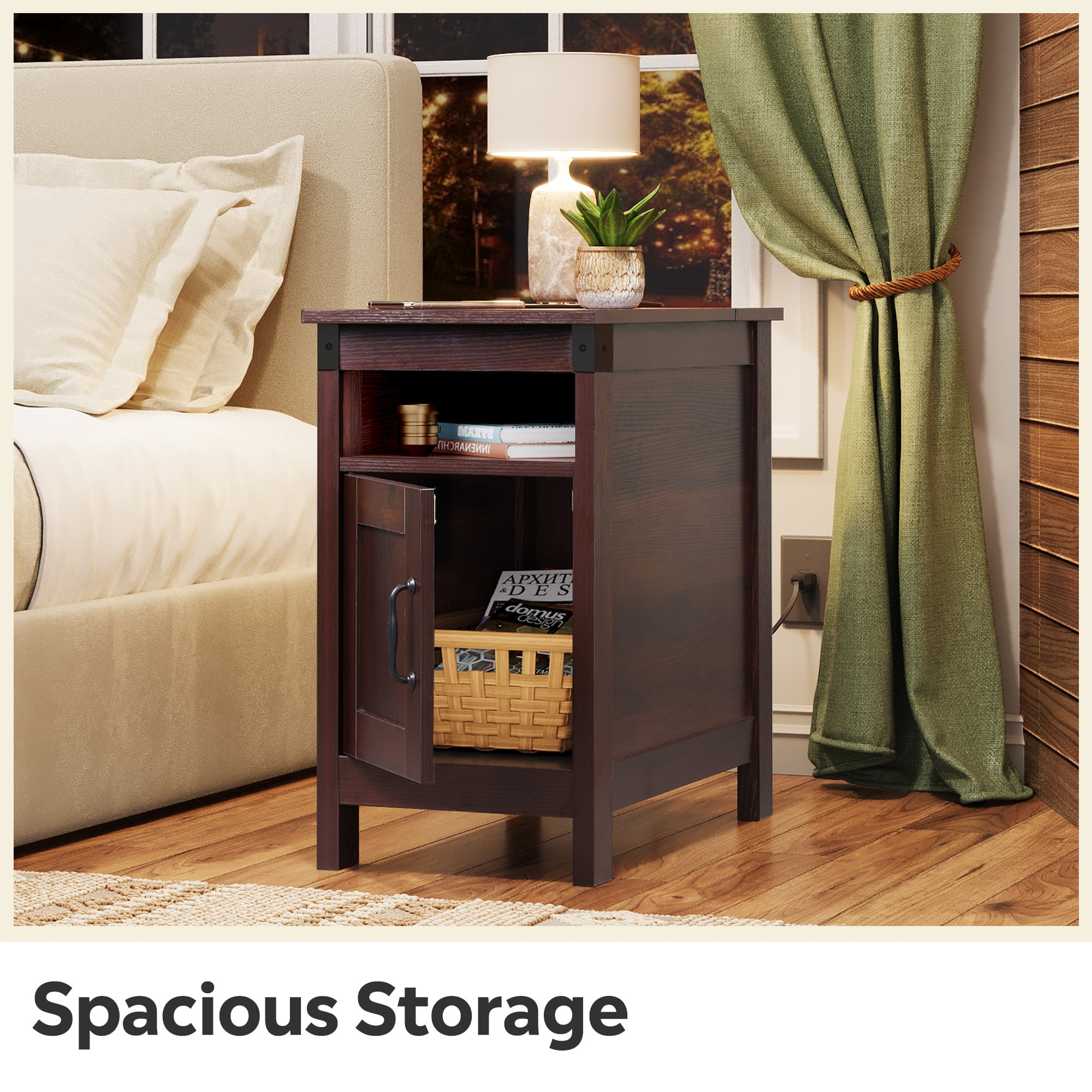 GALAXHERO End Table with Charging Station Narrow Side Table with Storage Night Stand with USB Ports and Outlets Small Wooden Cabinet for Living Room and Bedroom Espresso