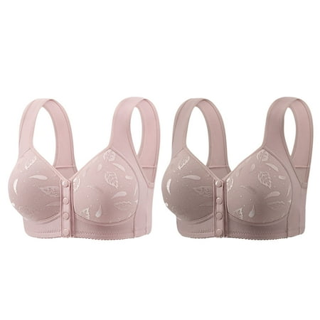 REORIAFEE Underwire Bras for Women 2PC Front Closure Gathered Together Wireless Bras Solid Brassiere Breathable Wide Strap Comfy Corset Underwear Classic Comfortable Support Lingerie Pink XXXL