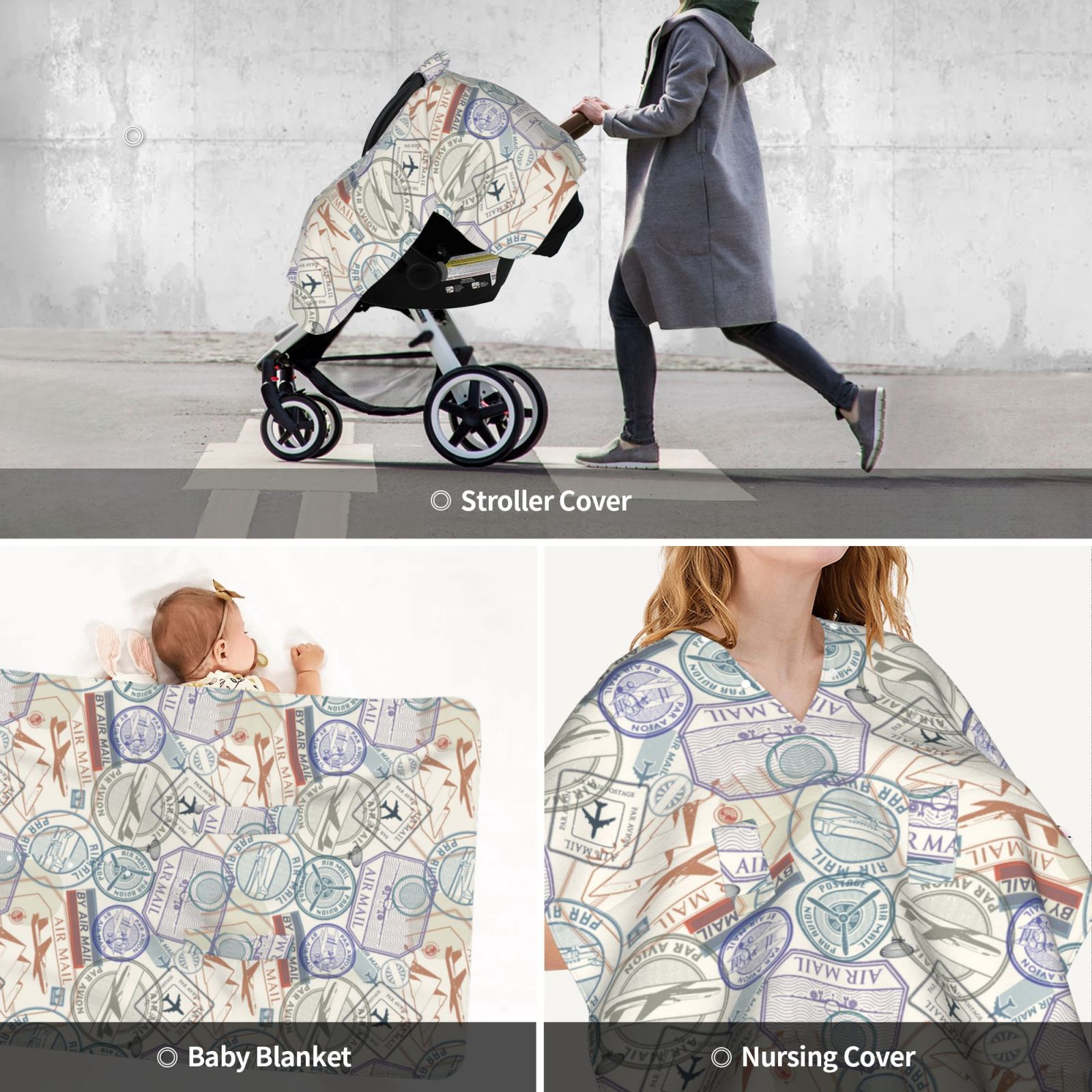 Car Seat Cover Baby - Postmark Pattern travel Breathable Infant Car Seat Cover for Baby Carseat, Lightweight Comfort Baby Essentials Must Haves Newborn Stuff for Girl Boy