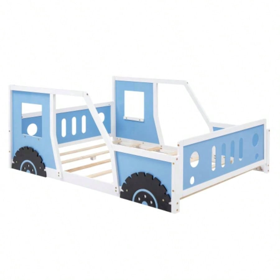 Full Size Classic Car - Shaped Platform Bed with Wheels, Blue
