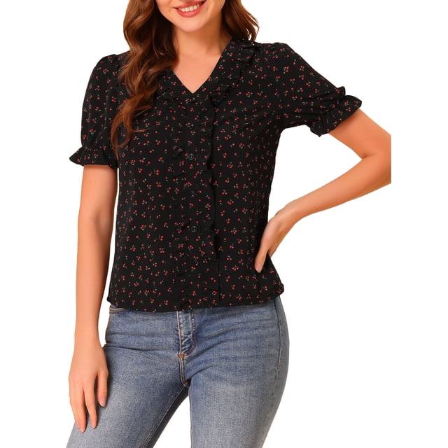 INSPIRE CHIC Women's Cherry Print Ruffle V Neck Short Sleeve Summer Blouses L Black
