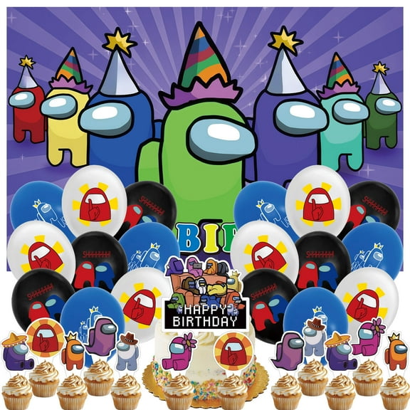 32 Pcs For Among Game us Theme Birthday Party Decorations,With 5*3ft Birthday Backdrop Decorations,18 Balloons,13 Cupcake Toppers for decorative supplies set