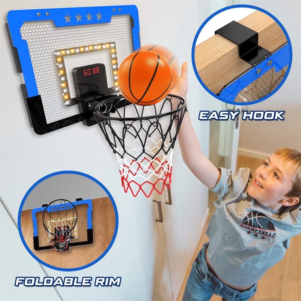 Growsly Indoor Basketball Hoop with Dual Electronic Scoreboard and LED Light Powered by Battery for 4-12 Years Old Kids, Blue