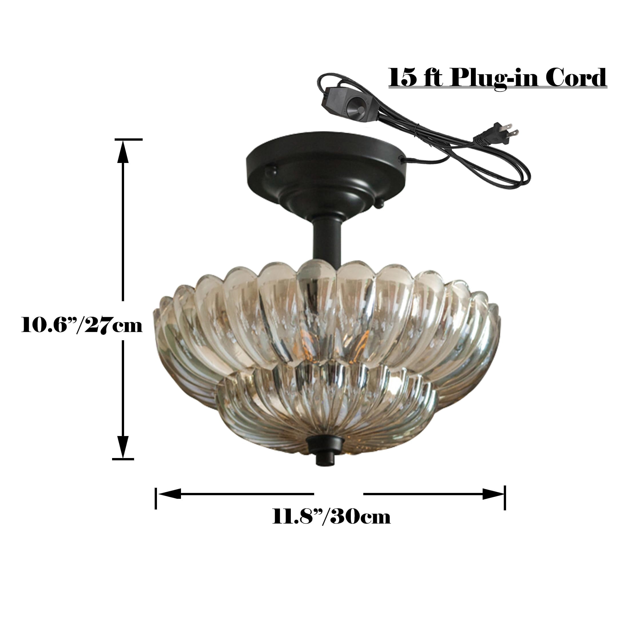 Kiven 11.8in Flush Mount Ceiling Light Fixture Dimmable, 3-Light Anti Glare Close to Ceiling Light with 15FT Plug-in Cord, Modern Glass Chandelier for Bedroom Kitchen Island Hallway
