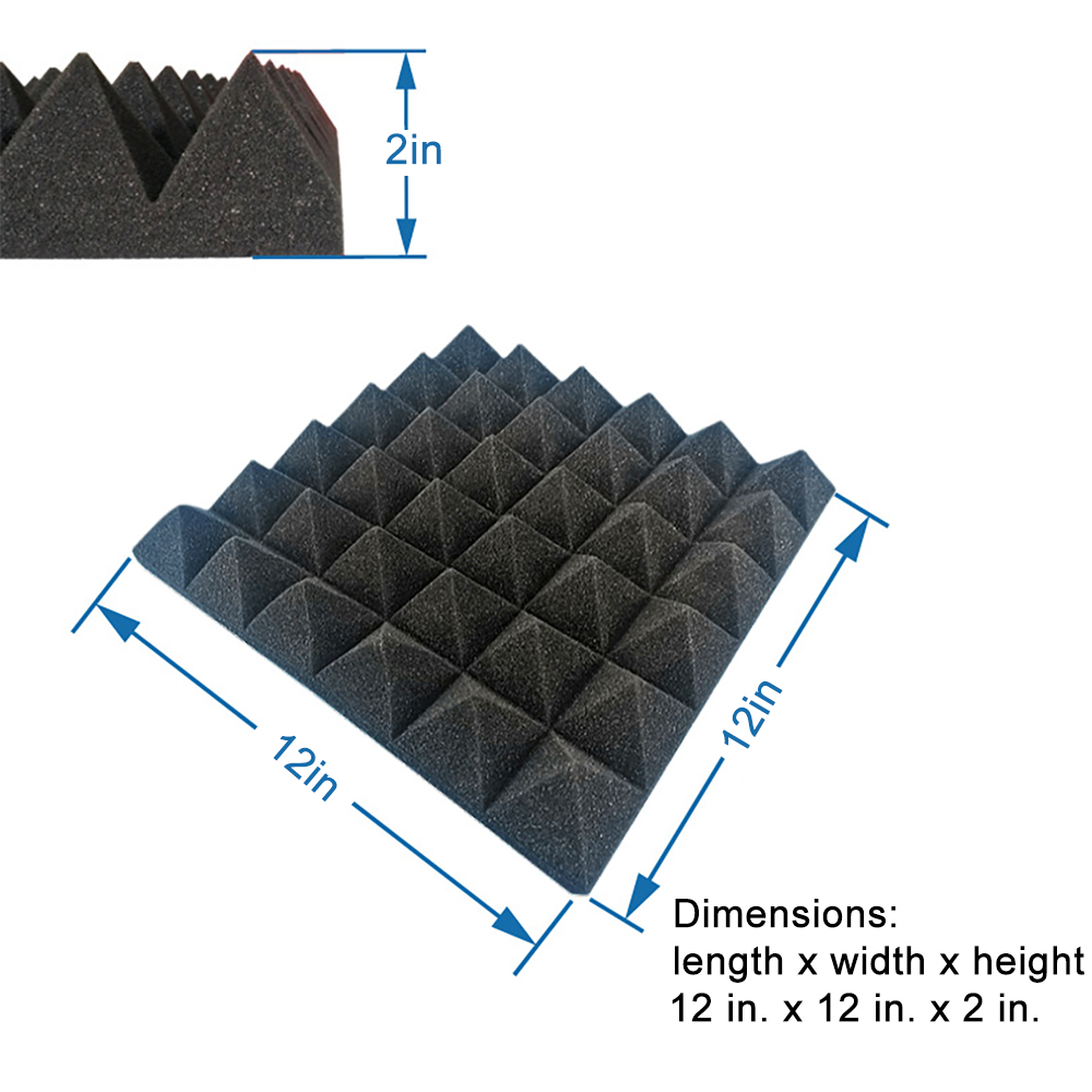 Sound Absorbing Noise Dampening Acoustic Panel Wall Treatment 2" x 12" x 12", Black Pyramide, 12-pack