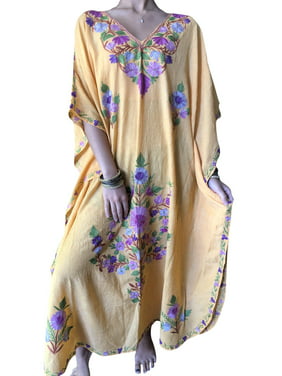 Mogul Women Yellow Maxi Kaftan Dress cotton Embroidered Summer Beach Wedding Resortwear Loose Caftan Dress 2X