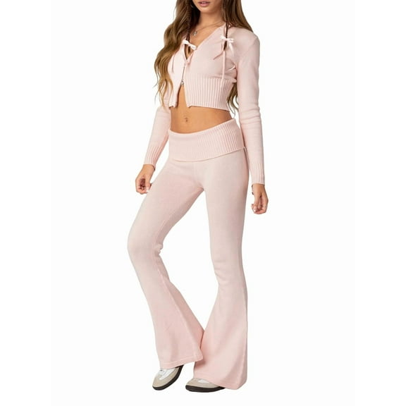 Womens Two Piece Knit Outfits Sweater Set Long Sleeve Zip Up Cropped Hoodie Top and Bootcut Pants Set Loungewear Pink S